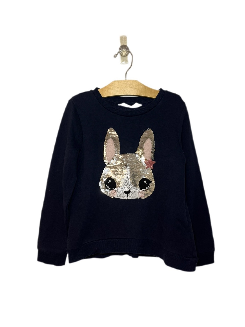 H&M Girls Size 6-8 Navy Blue Sweatshirt with Sequin Bunny